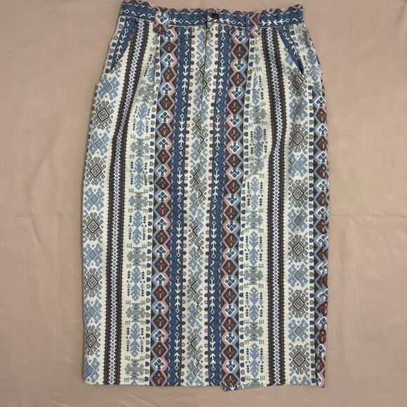 Backyard Blues Vintage Western Geometric Patterned Blue and Brown Women's Skirt - Picture 1 of 5